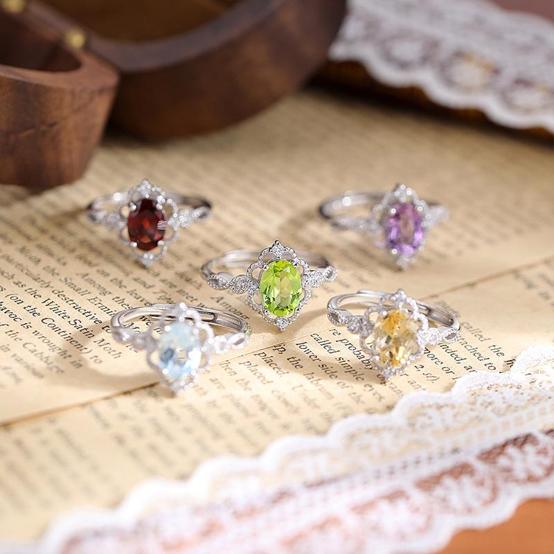 Egg-shaped inlaid natural colored spar ring s925 sterling silver simple and versatile new ring fashion retro jewelry gift