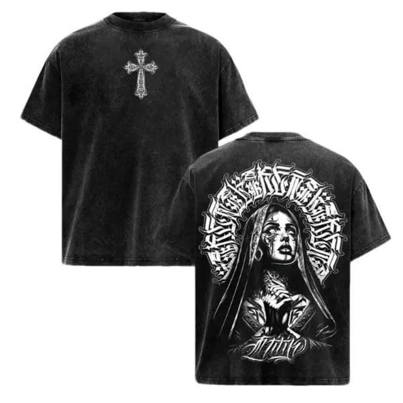 Praying Nun Vintage Washed Tee | Tattoo Art Inspired Streetwear Gothic Cross Pra