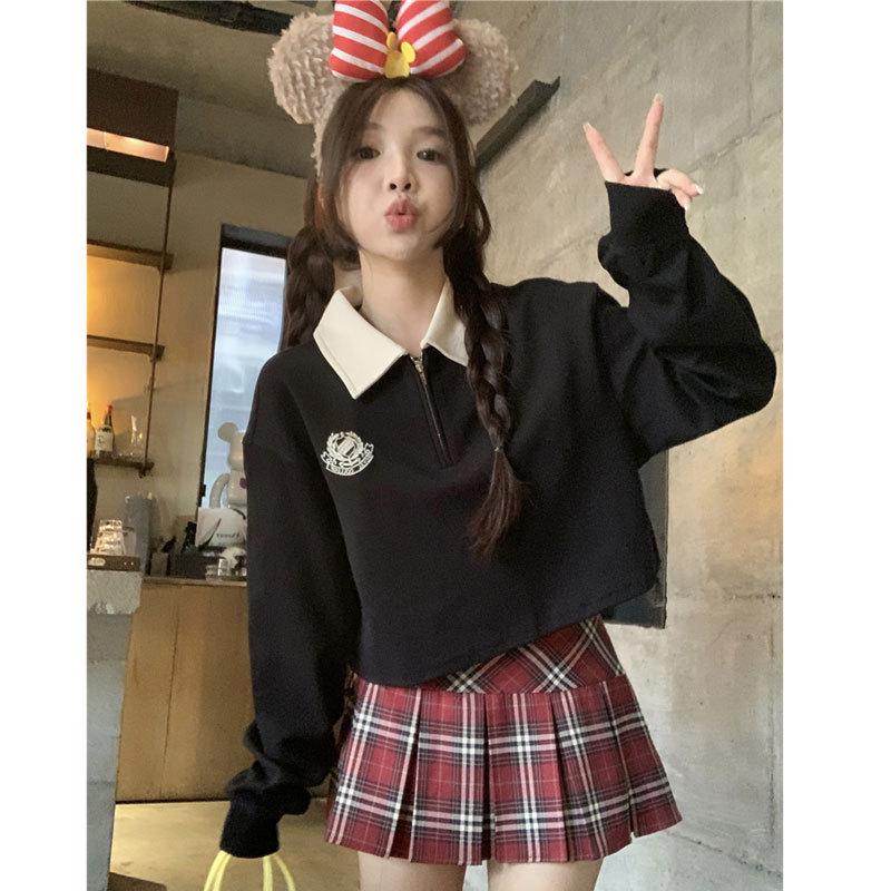 

Women s Spring Color Block Polo Collar Embroidered Pullover Sweatshirt - Petite, Long Sleeve, Thin, Short, Loose Fit 2XL [suggested 140-160 lbs]