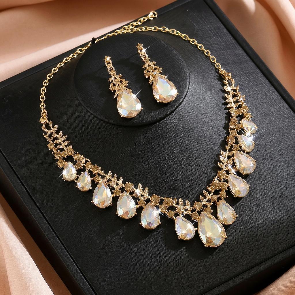 Banquet Ball Champagne Gold Water Drop Jewelry Set Court Style Party Necklace Earrings Dress Match Artifacts