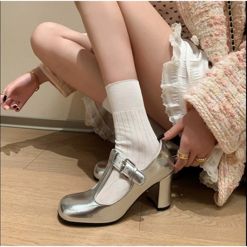 

Fashion Chunky Heel Square Toe Jane Shoes 2025 Summer New Women s Black Patent Leather High Heels Round Toe Ankle Strap Shoes 35 серебряный