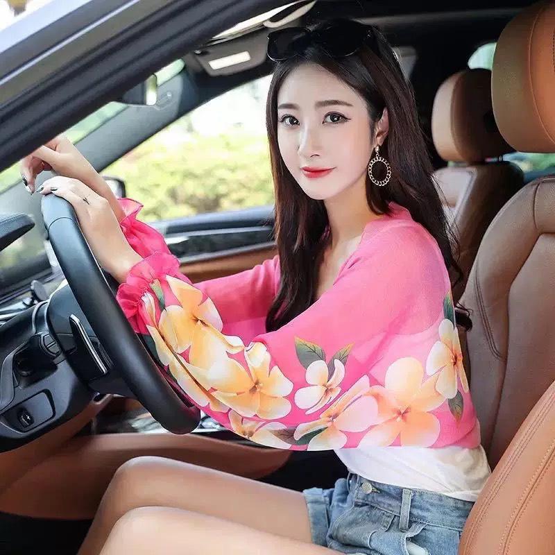 Cashew Print Chiffon Cycling Shawl with Sun Protection Sleeves - Fashionable Long Sleeve Scarf