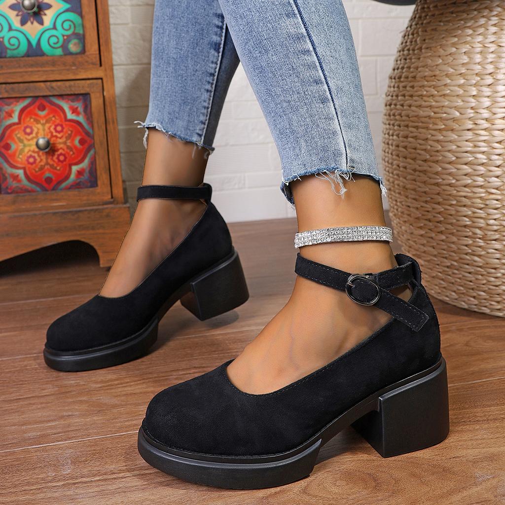 2024 New European and American Round Head Thick Heel One-word Buckle with Middle Mouth Breathable Casual Outer Wear Single Shoes Women