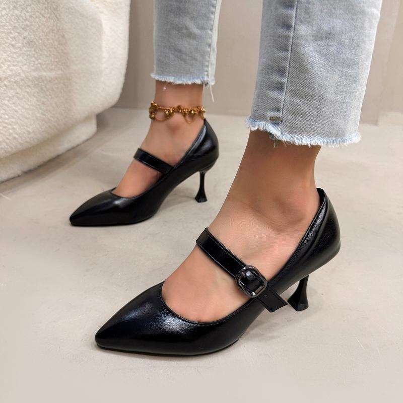 

Fashion 2025 New Women Handmade Genuine Leather Pointed Toe Shallow Mary Jane Mid Heels Dance Shoes Ladies Party Dress Pumps 35 чёрный