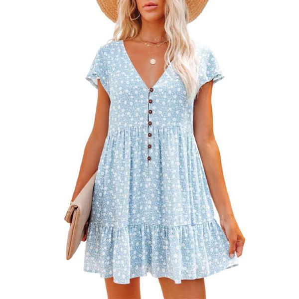 Spring Dress Ladies V-Neck Button Small Floral Short Sleeve Loose Casual Dress Sexy White Dress Women