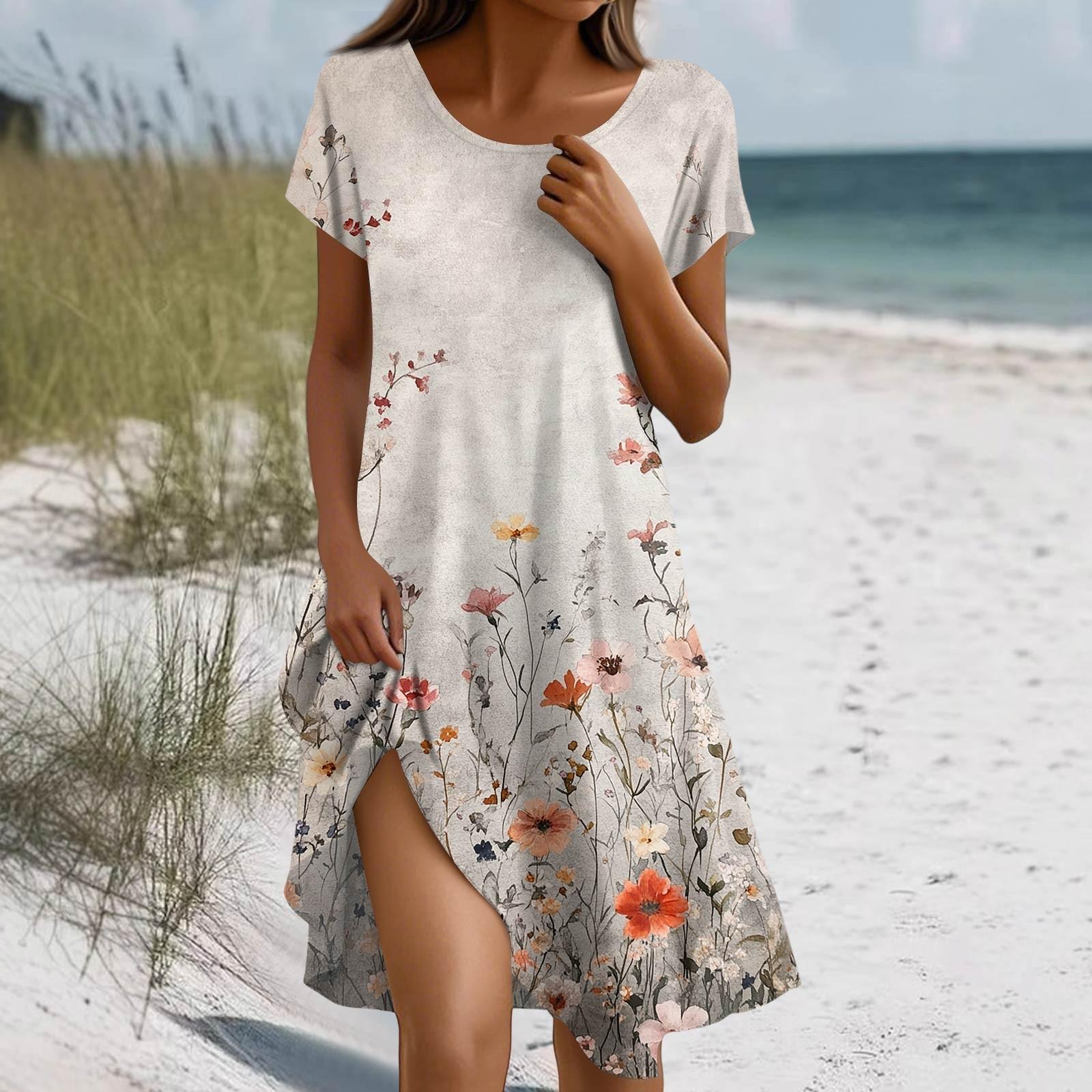 

Short Sleeve Boho Dress For Women Casual Loose Fit Summer Sundress Floral Print Dress With Pockets L
