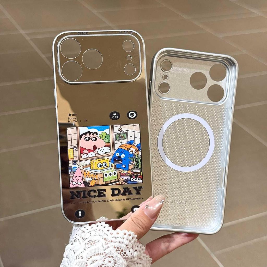 Shin-chan Mirror Phone Case for iPhone 17 Pro Max/16 Pro/15 with Silver Edge