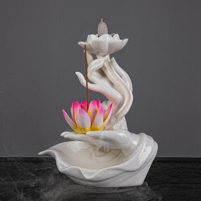 Bruciatore di incenso cinese in ceramica feng shui a flusso invertito, bruciatore di incenso domestico creativo a forma di mano di Buddha Zen in legno di agar, bruciatore di incenso