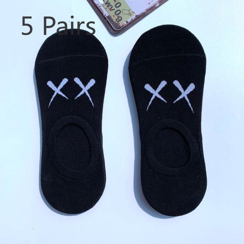 5 Pairs of Men and Women Shallow Socks Spring and Summer Tide College Style Creative Leisure Short Purple White Rubber Cotton Socks Wholesale