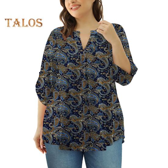 Women Shirt V-neck 3/4 Roll-Up Sleeves Lightweight Tops Flower Print Flowy Hem Tunic Tops Daily Wear