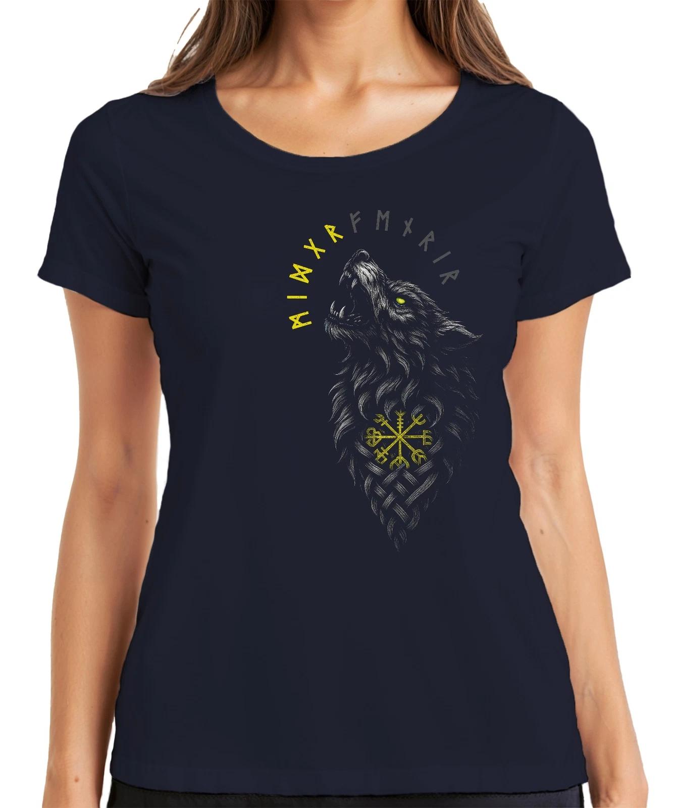 Wikinger Wolf Vegvisir Nordische Runen Kompass Mythologie Fenrir Damen T-Shirt XXXXL