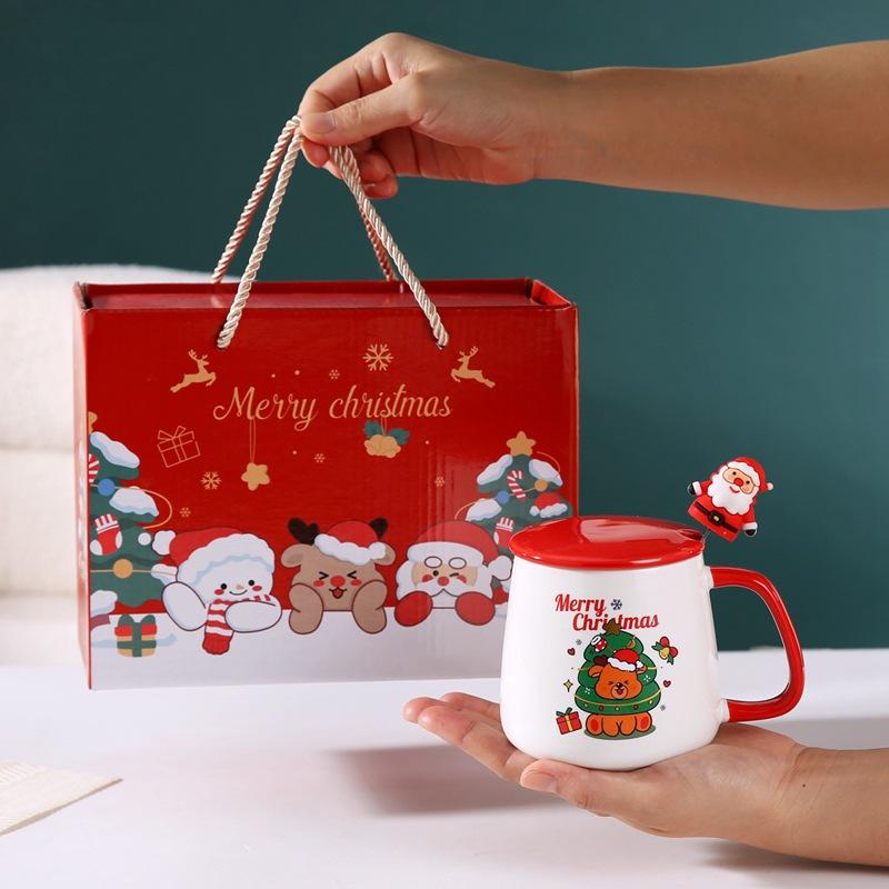 Cute Christmas Ceramic Cup with Lid and Spoon Cartoon Christmas Tree Coffee High-value Mug Souvenir Christmas Children's Gift