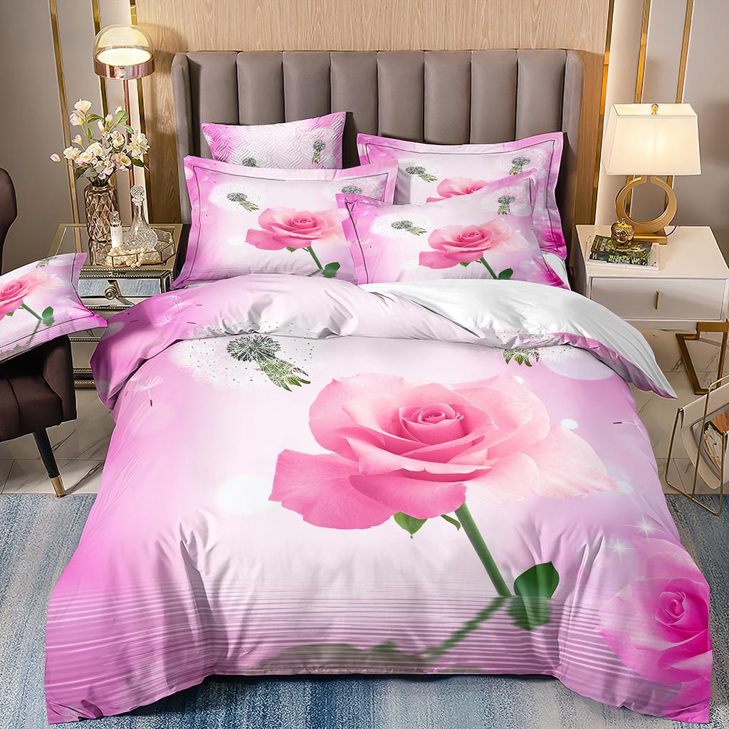 Three-Piece Rose Floral Style 3D Printed Quilt Cover Home Textile Bedding Kit