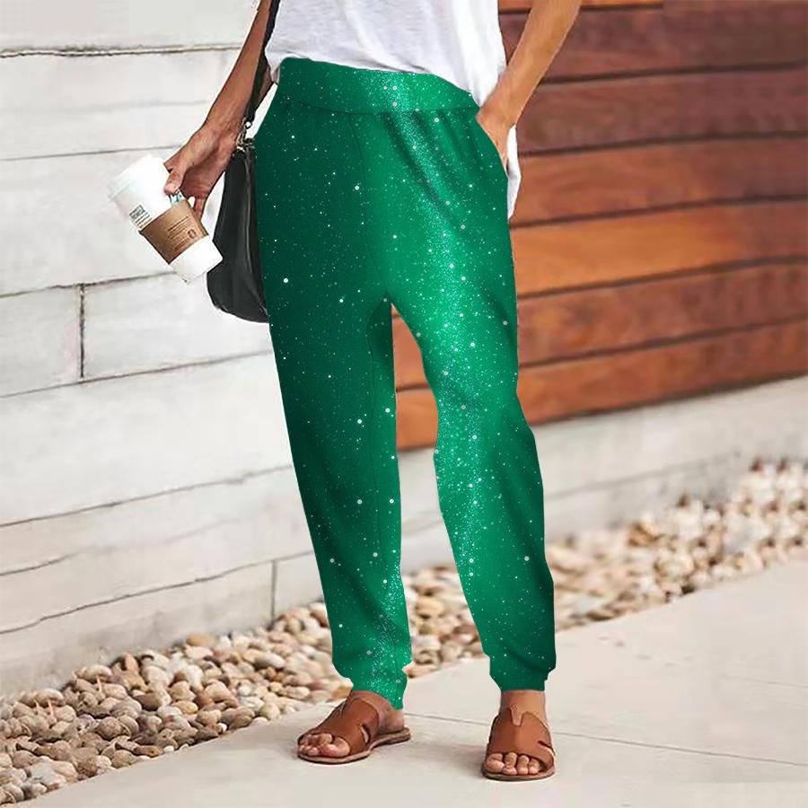 Women Starry Sky Printing Pants Lace Up Elastic Waist Loose  Trousers Casual Long Pants Trousers with Pockets