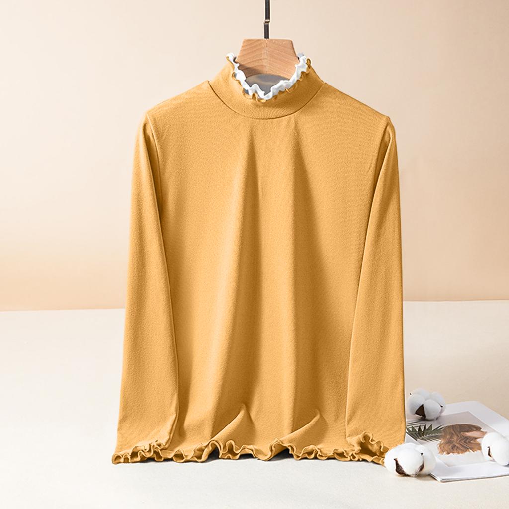 Ladies' Slim Fit Pullover Shirt With Lace Collar, Black Fungus Edge, German Velvet Long Sleeved Base, Top