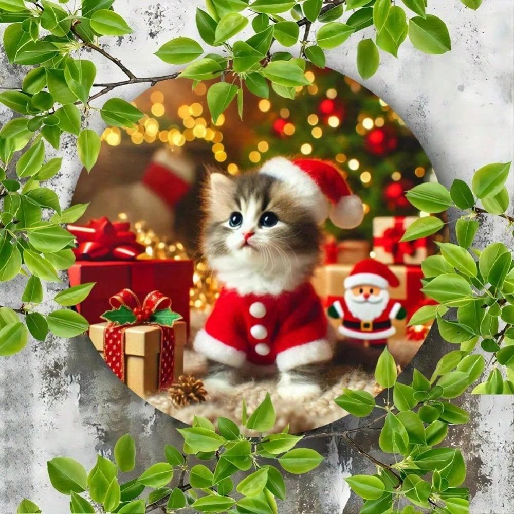Christmas Kitten Santa Hat Metal Tin Sign 8x8 Inch Round Wall Decor For Home Cafe Restaurant Bar Holiday Gift