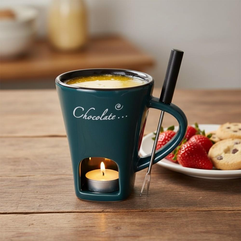 Ceramic Tea Light Chocolate Melting Cup With Fork Butter Warmer Pot Leisure Time