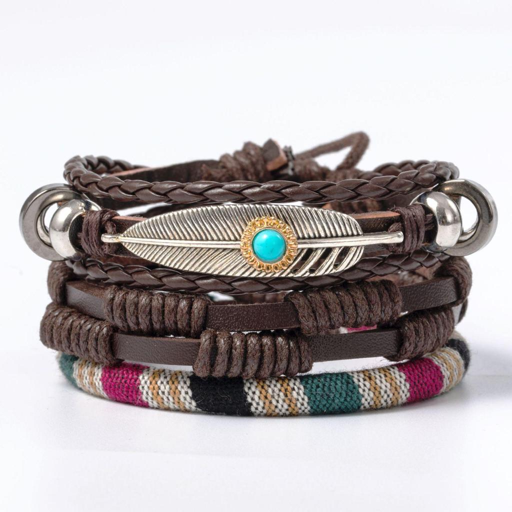 Retro Multi-layer Alloy Leather Bracelet In Ethnic Style with Waxed Rope