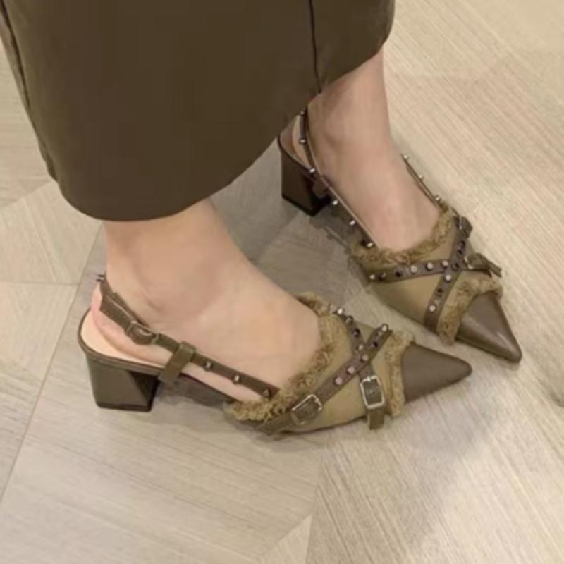 Fashion Fashion Buckle Strap Med Heel Sandals for Women 2024 New Hot Sale Pointed Toe Ladies Shoes Hoof Heels Shallow Pu Women's Sandals