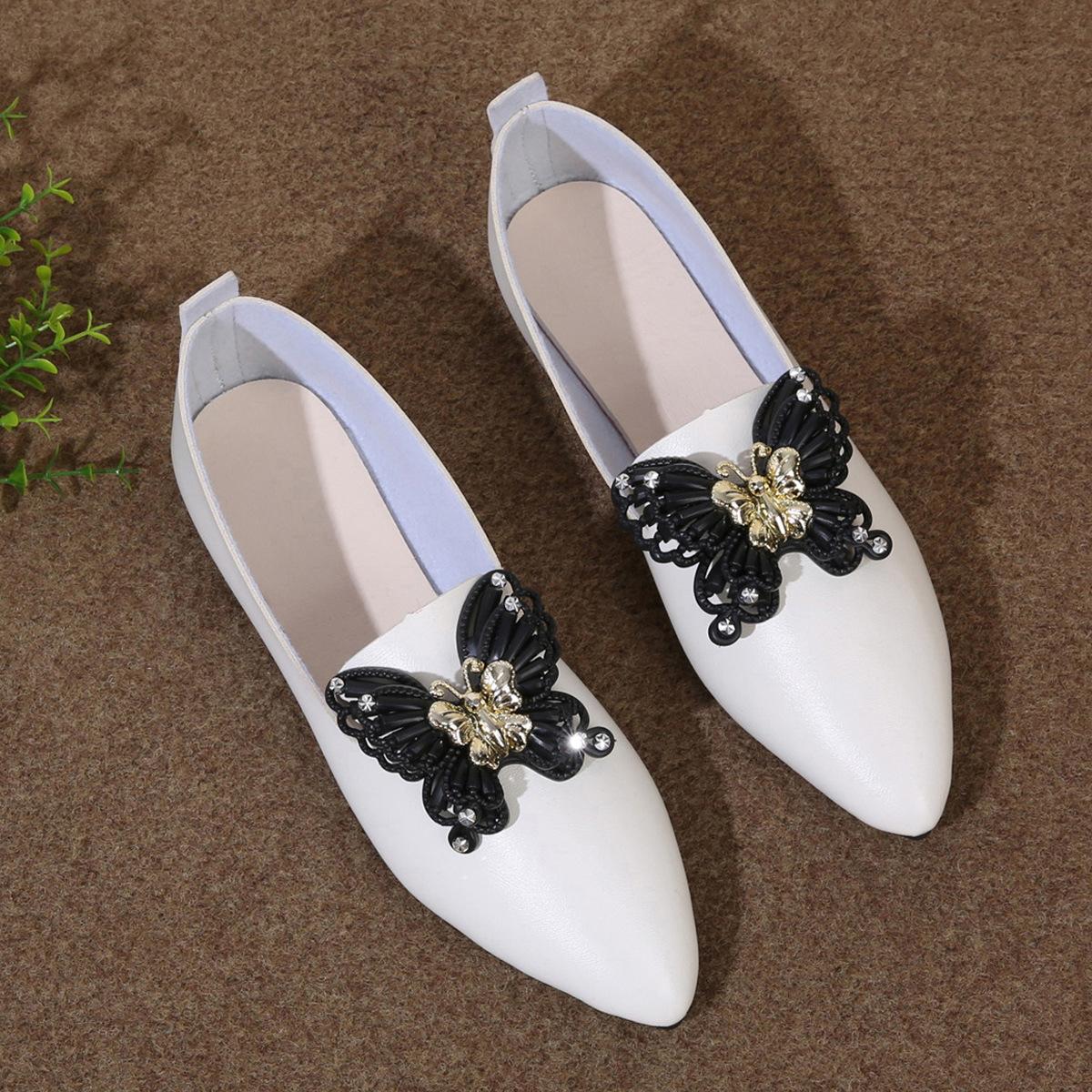 

Fashion 2025 New Pointed Head Butterfly Decoration Shallow Mouth Flat Bottom Versatile Shoes Woman Low Heel Comfortable Leisure Zapatos 43 белый