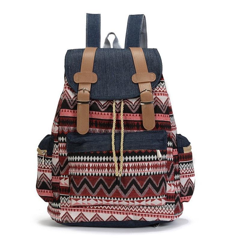 Pattern casual bag denim contrasting color women's large-capacity backpack