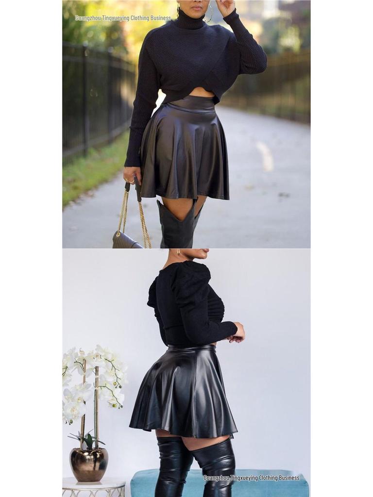 Women's Sexy Solid Color PU Mini A-line Skirt