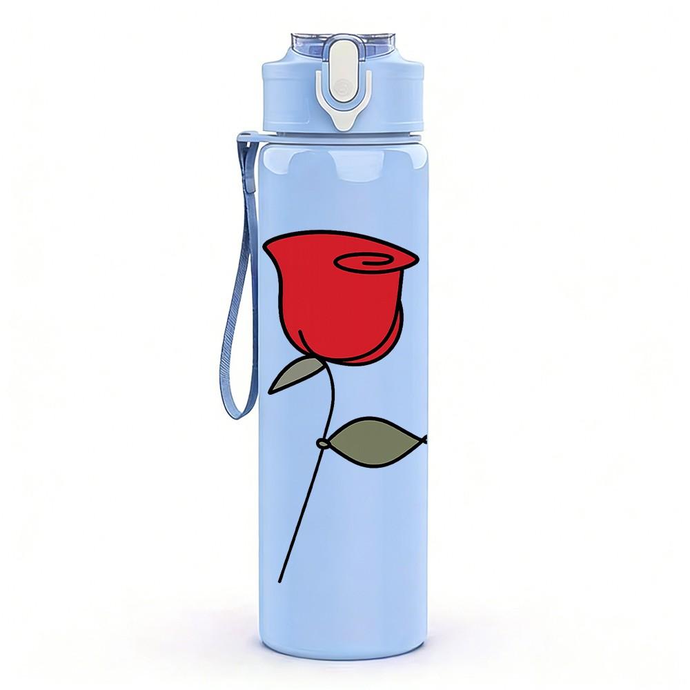1PC Single Red Rose Line Drawing 750ml Color Plastic Sports Water Bottle Leakproof Flip Straw Lid Suitable for Sports Office Home Use