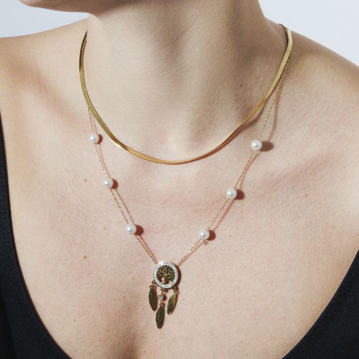 Collier - LUXENTER - Anthori - Perles blanches - Finition en or jaune 18 carats - Acier