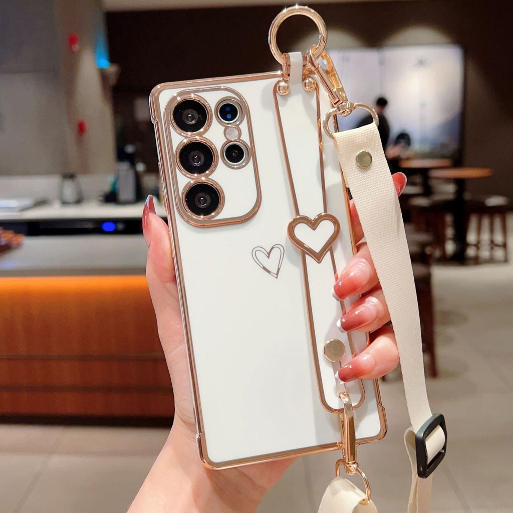 Electroplating Love Suitable for Samsung S25 Ultra Mobile Phone Case S24FE Wrist Strap Bracket Lanyard A56 Protective Cover