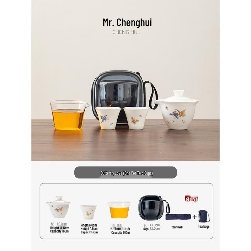 Portable Mutton Fat Jade Porcelain Tea Set: One Hand-Grip Teapot with Four Cups for Outdoor Travel