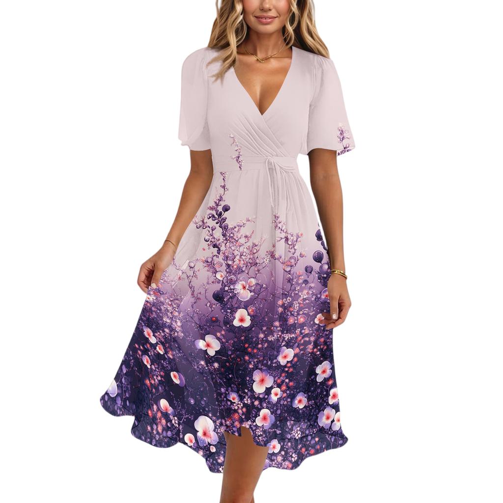 Women’s V Neck Short Sleeve Midi Dress with Floral and Butterfly Print Flowing Hem Casual Fit