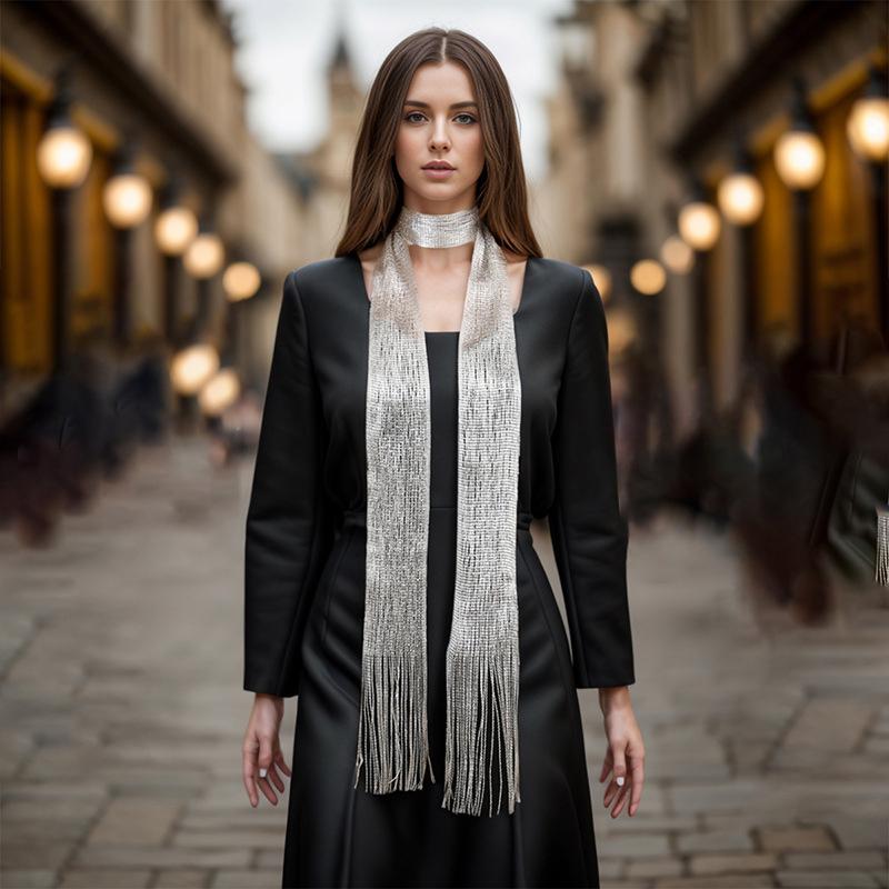 Professional Scarf Sunscreen Neck Shawl Gold Silver Bright Silk Scarves Lace Tassel Party Evening Dress Scarf For Women
