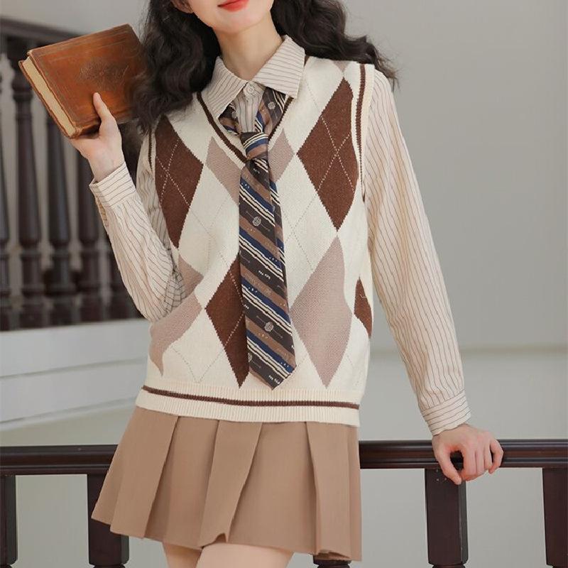 Spring and Autumn Women s Knitted Shirt Vest Korean Retro College Style Sweater Women s Vest S абрикосовый