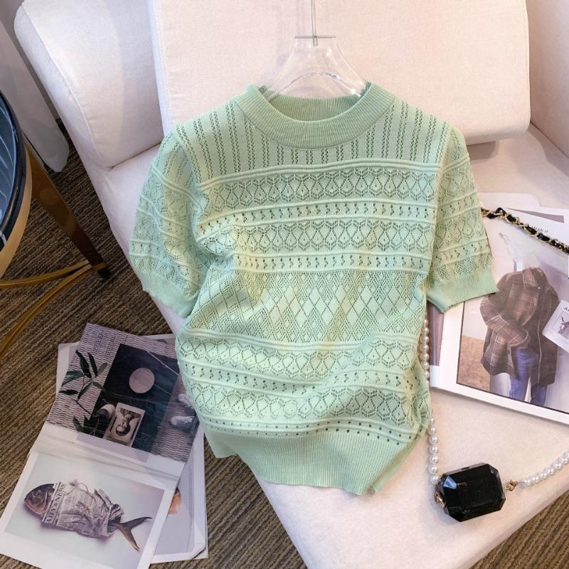 Summer Hollow Out Short Sleeve Knitted Casual T Shirts Women Temperament Chic O Neck Loose Women's T-shirt Tops Elegant Slim Fit Solid Lady Tee 26517