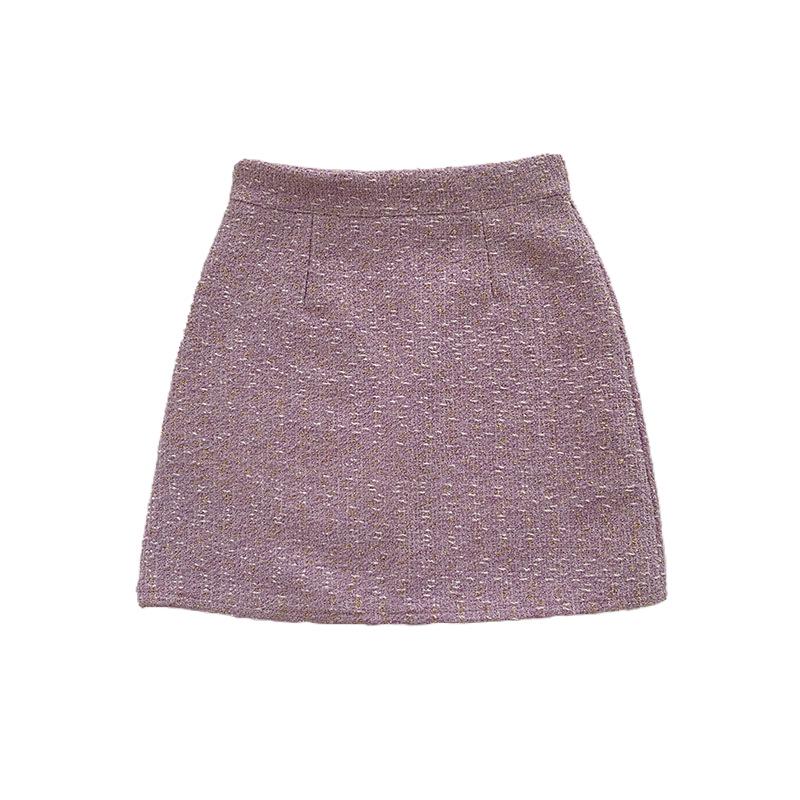 Tweed High-Waisted A-Line Skirt - Women's 2025 Autumn/Winter Korean Coco Style, Purple, Short Length