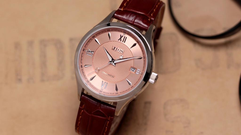 JIOS Automatic Made in with Genuine Leather Strap and Sapphire Crystal Salmon with Brown Crocodile Embossed Men's Watch, Japan, (Biwamasu Strap)