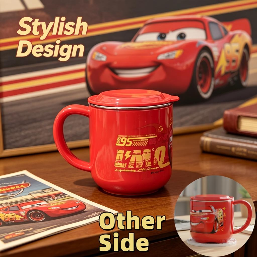Disney Lightning McQueen Stainless Steel Cup with Handle and Lid Beverage Coffee Cup with Scale Classic Car McQueen Pattern Design