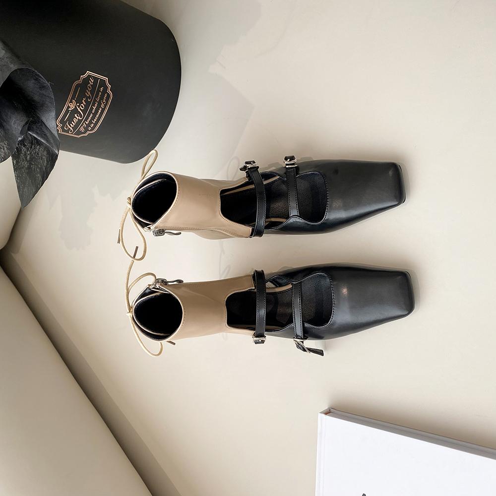 fashion Square Toe Women Ankle Boots Hollow Sexy Flat Heeled Back Strap Bow Design Belt Buckle Black Khaki White Mixed Color Dress Shoes