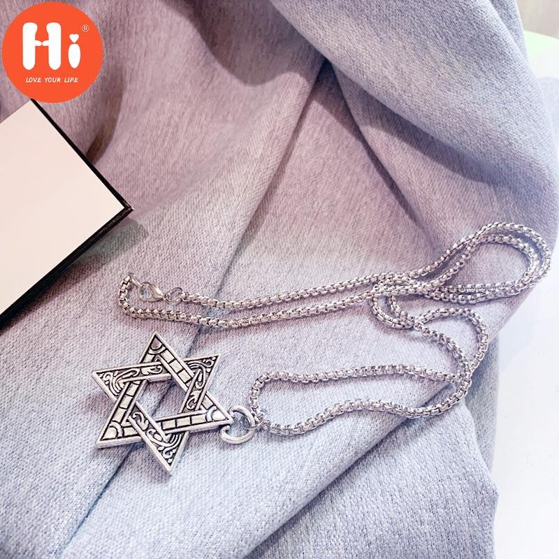 Hi Six-pointed Star of David Pendant Necklace Double-sided Retro Titanium Steel Punk Jewelry for Men Boys