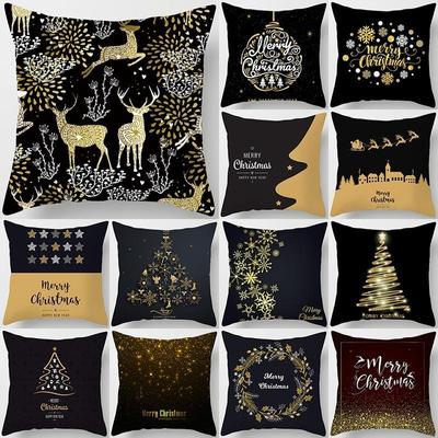 1 Piece Set of Golden Christmas Tree Deer Santa Claus Pattern Polyester Cushion Cover Decoration Sofa Home Decoration Pillowcase