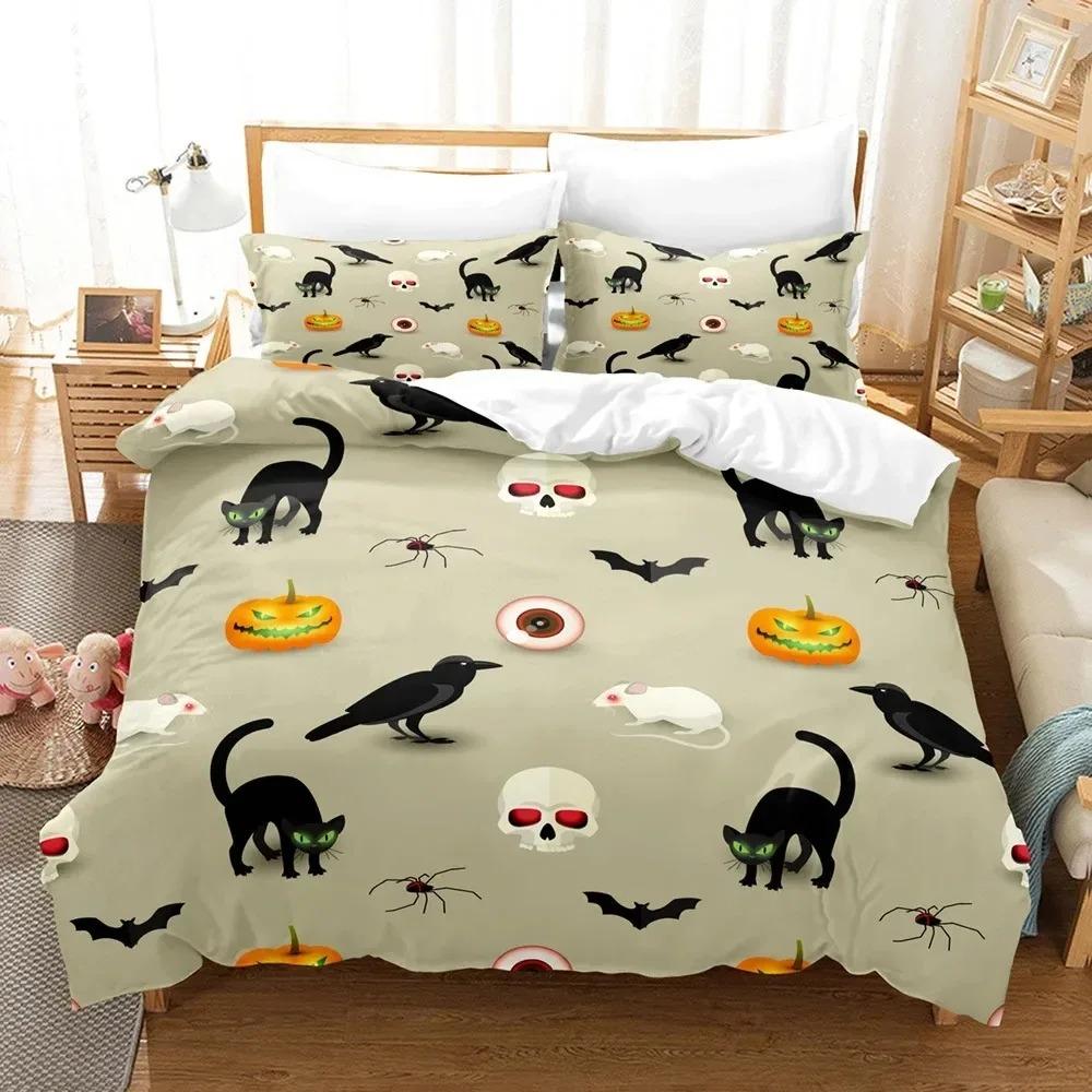 Comforter Halloween Bedding Set Kingqueen Size Cartoon Pumpkin Lantern Castle And Bat Dark Horror Night Polyester
