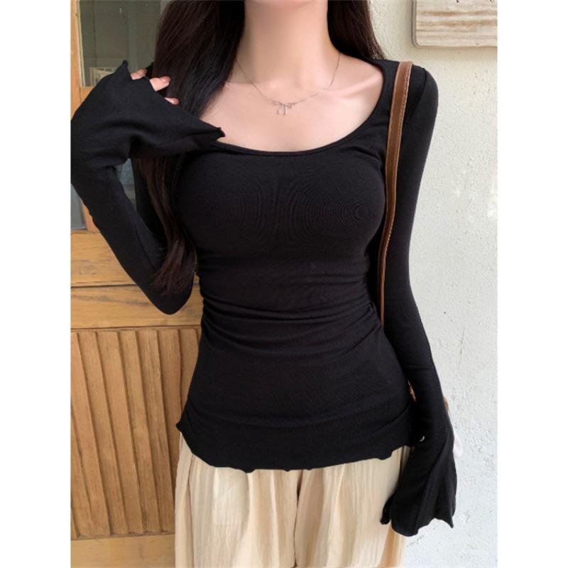 Echte Aufnahme großer Ausschnitt U-Ausschnitt langärmeliges T-Shirt Damen Herbst Slim-Fit Spice Girl eng anliegendes Taillentop