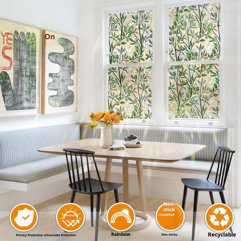 Statisch Haftende Grüne Blatt Buntglas Fensterfolie Anti-Späh-Sichtschutz Abnehmbar für Wohnzimmer Balkon Dekoration