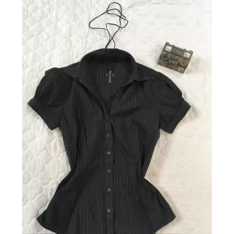 ROADVIBE Chemise japonaise rétro noire neuve à col en V pour femmes Harajuku Goth grande taille ajustée à la taille et amincissante top fashion