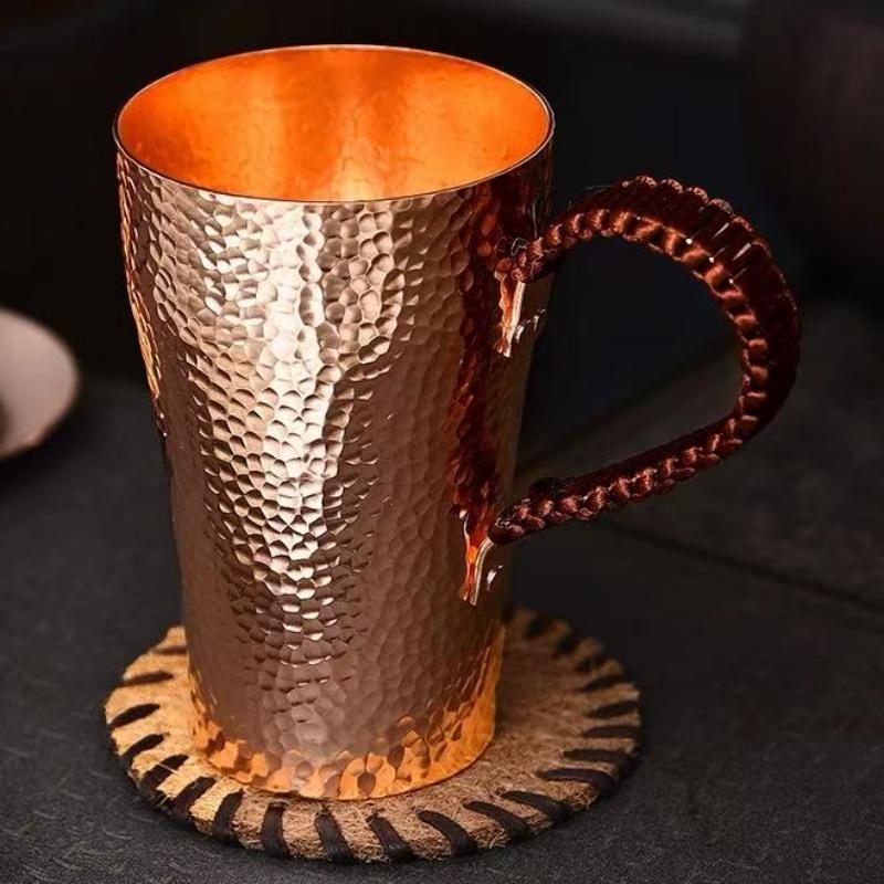 Vintage Pure Copper Coffee Cup,Handcrafted Polishing Engraving Hammer Texture Woven Handle 400 ml Beer Mug,Tea Cup Tableware