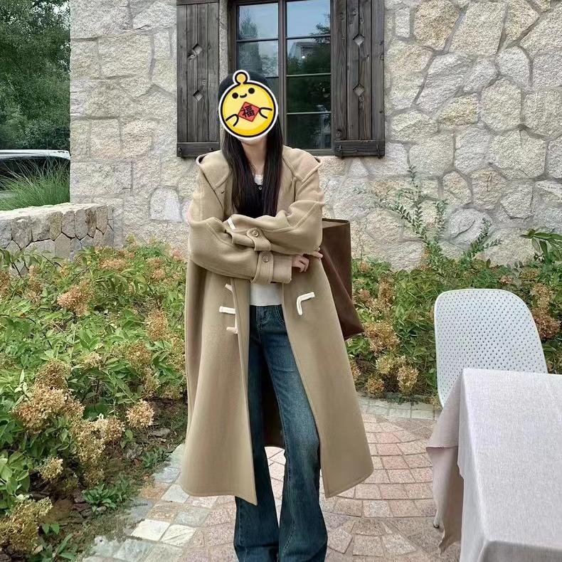 New Double-sided Wool Coat Hooded Horn Button Korean Style Loose Casual Woolen Coat
