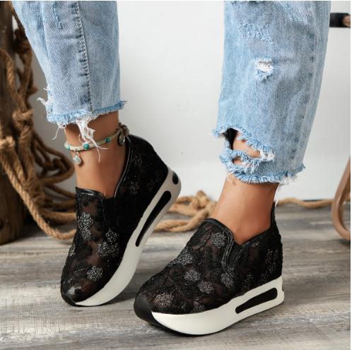 Large Size One-Pedal Single Shoes For Women'S Spring New Korean Version Of Lace Mesh Yarn Inner Height-Increasing Muffin Sole Casual Single Shoes