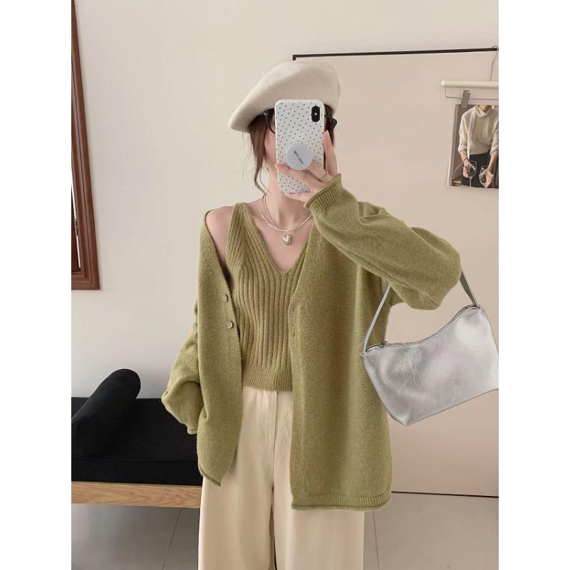 Lazy Wind Knitted Sweater Cardigan Sweater Jacket Top with V-neck Sling Vest Simple Two-piece Set Women