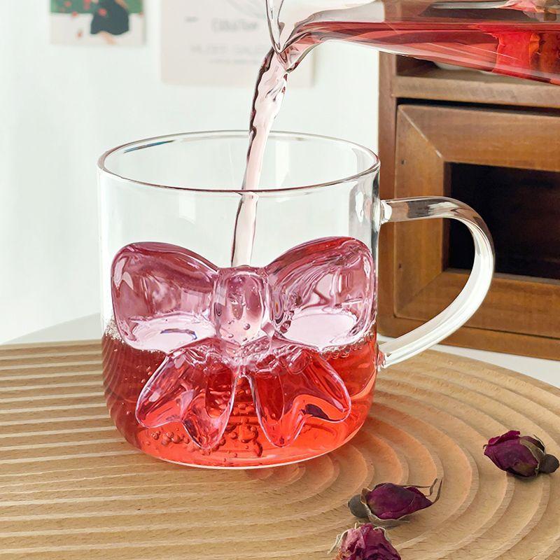 1Pcs Pink Bow Knot Glass Cup Coffee Milk Fruit Cup Heat-resistant Glass Drinks Mug Cups 13oz 400m Lovely Cup
