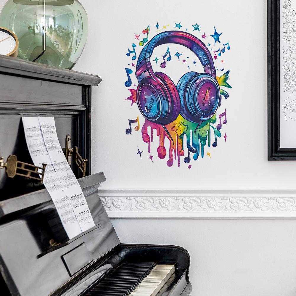 Vibrant Hand-Painted Headphones Music Notes Wall Sticker Self-Adhesive Removable for Bedroom Living Room Background Home Decor
